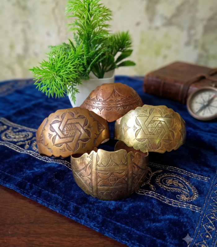 Set of 4 Handcrafted Moroccan Brass Cuffs - Engraved Geometric Star Bracelets