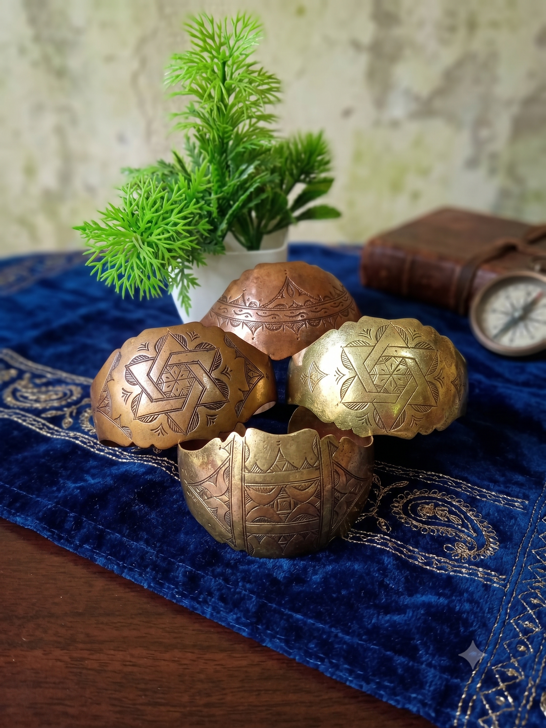 Set of 4 Handcrafted Moroccan Brass Cuffs - Engraved Geometric Star Bracelets
