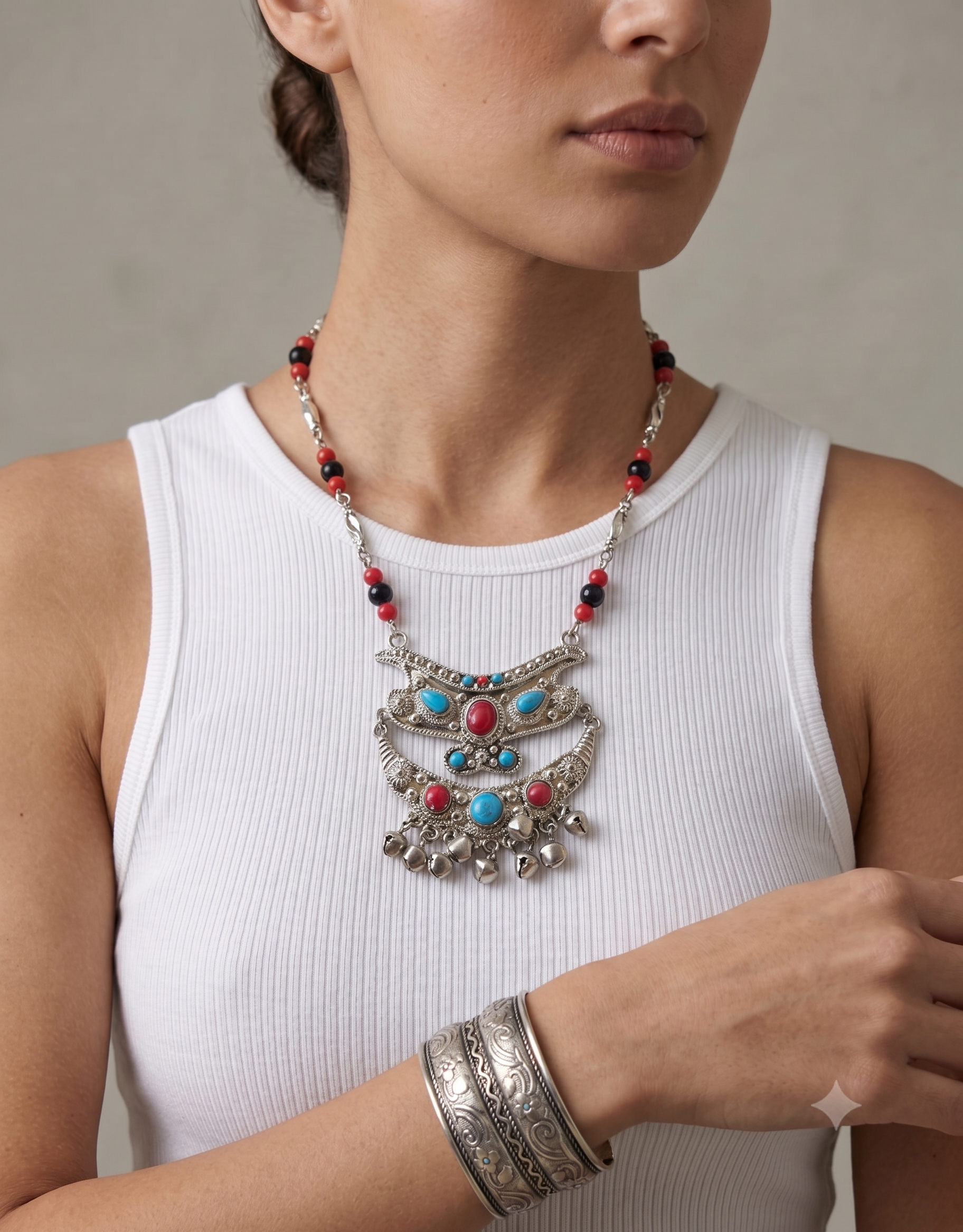 Handcrafted Moroccan Tribal Jewelry Set – Engraved Cuff & Statement Necklace - Image 5