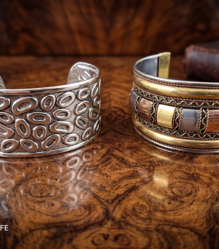 Set of 2 Handcrafted Wide Cuff Bracelets - Mixed Metal and Textured Silver Tone