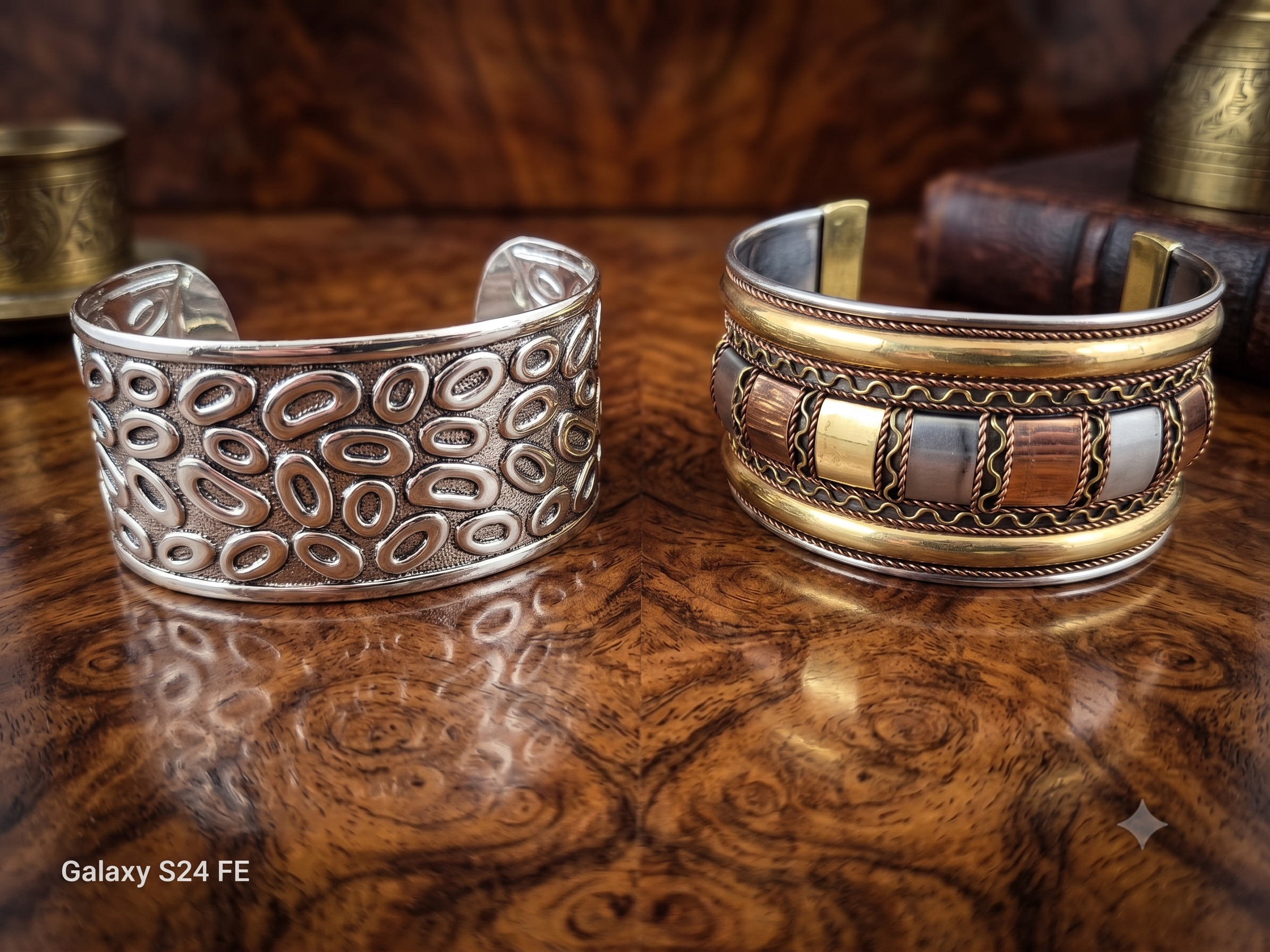Set of 2 Handcrafted Wide Cuff Bracelets - Mixed Metal and Textured Silver Tone