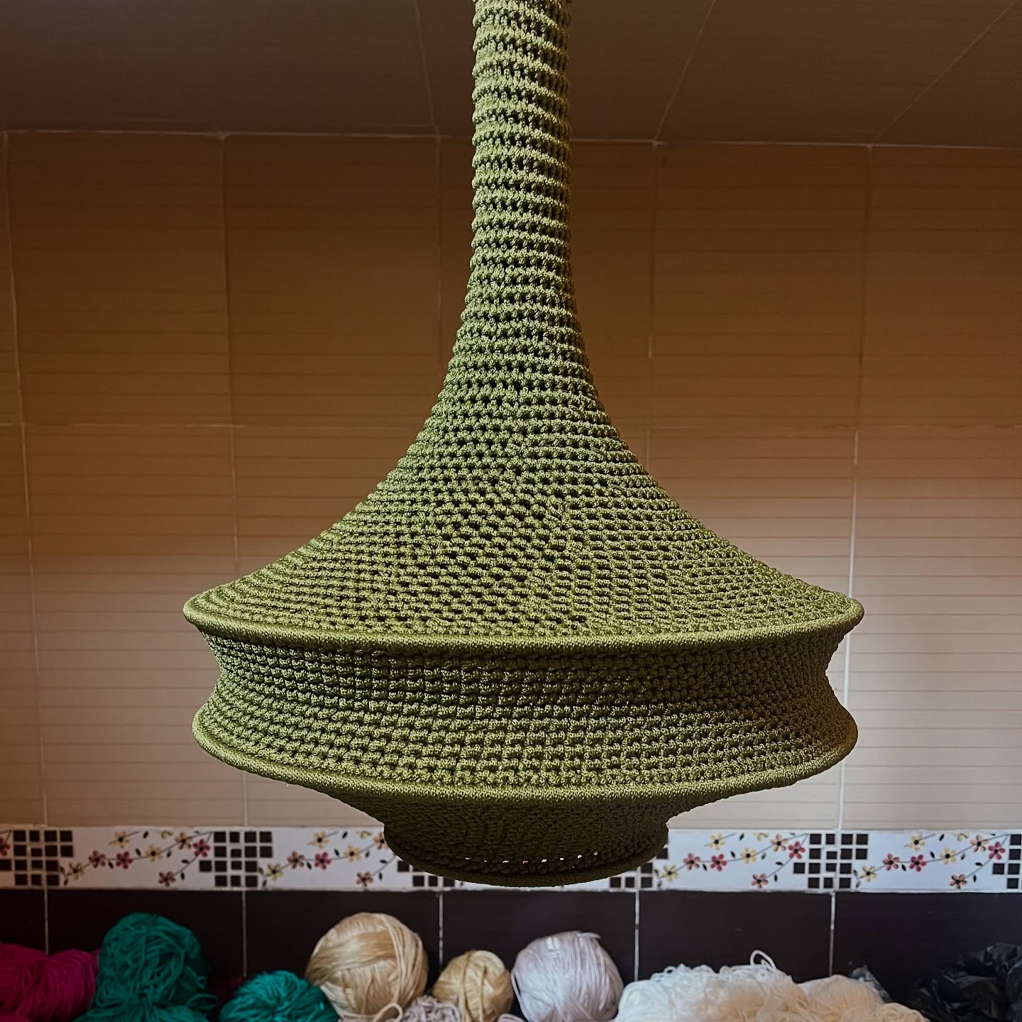 Handmade Kaki Chrochet Wahad Pendant Lamp
