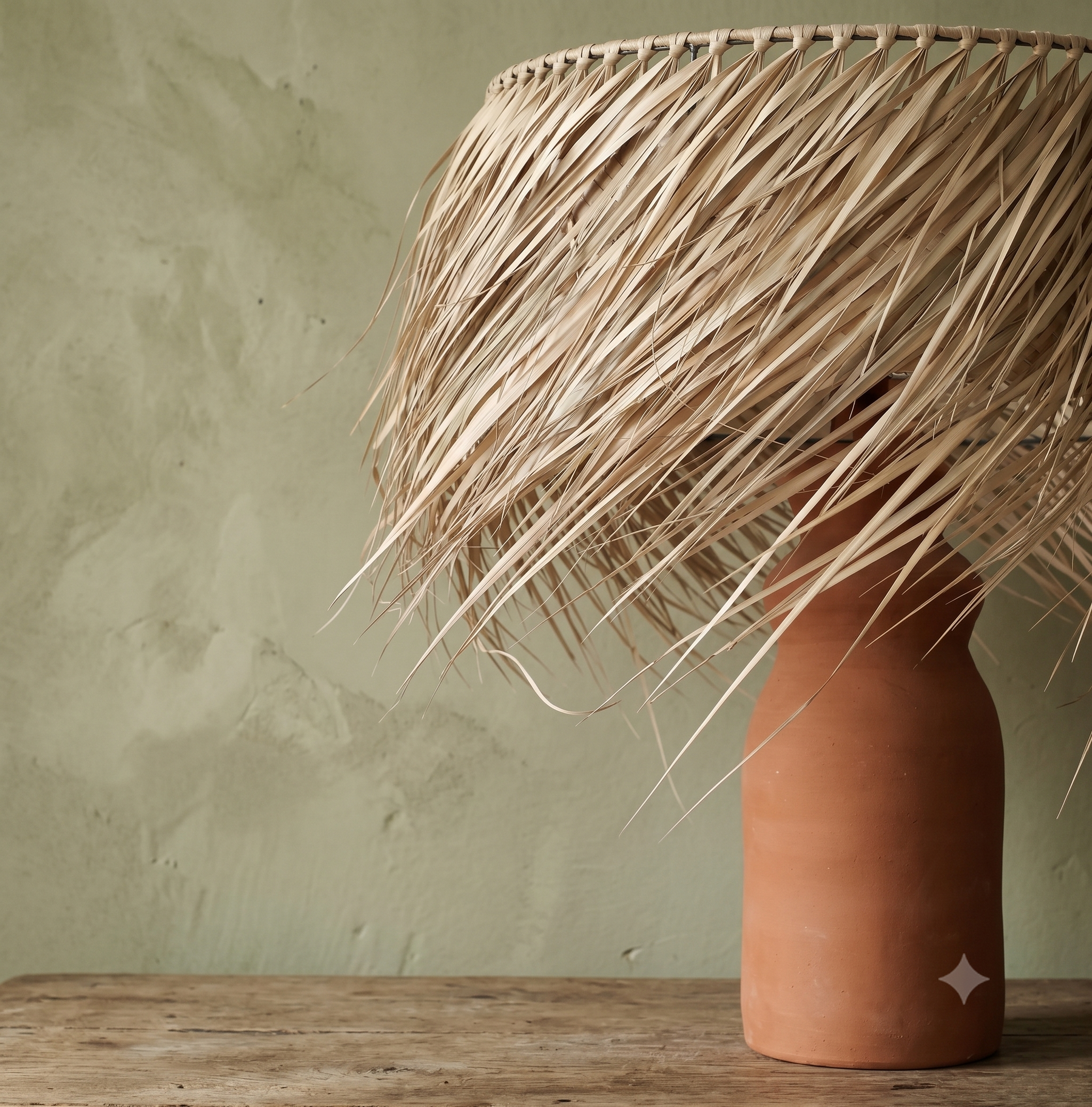 Handcrafted Terracotta Table Lamp with Fringed Palm Shade