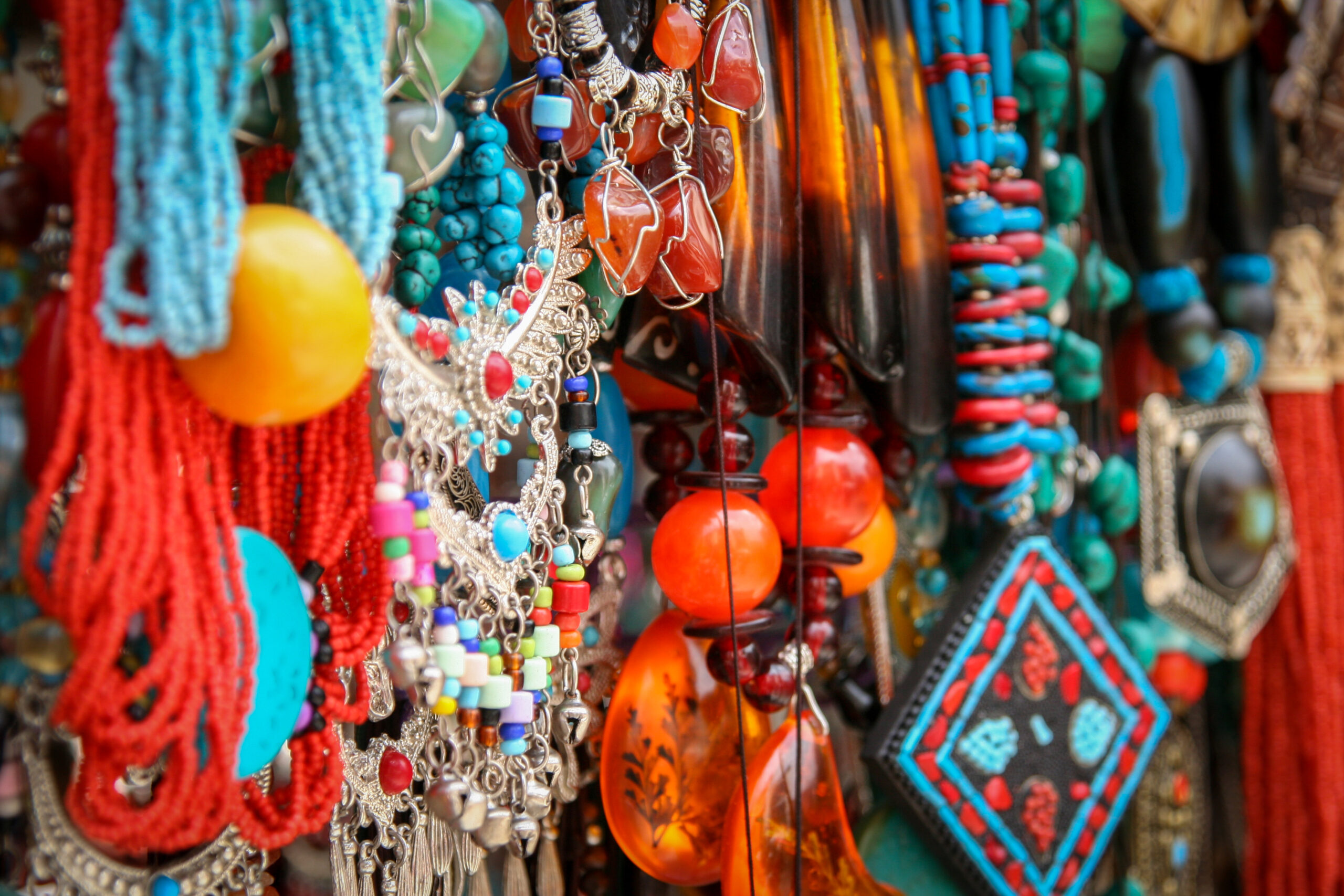 Colourful necklaces for sale on a souvenir stand in Tibet