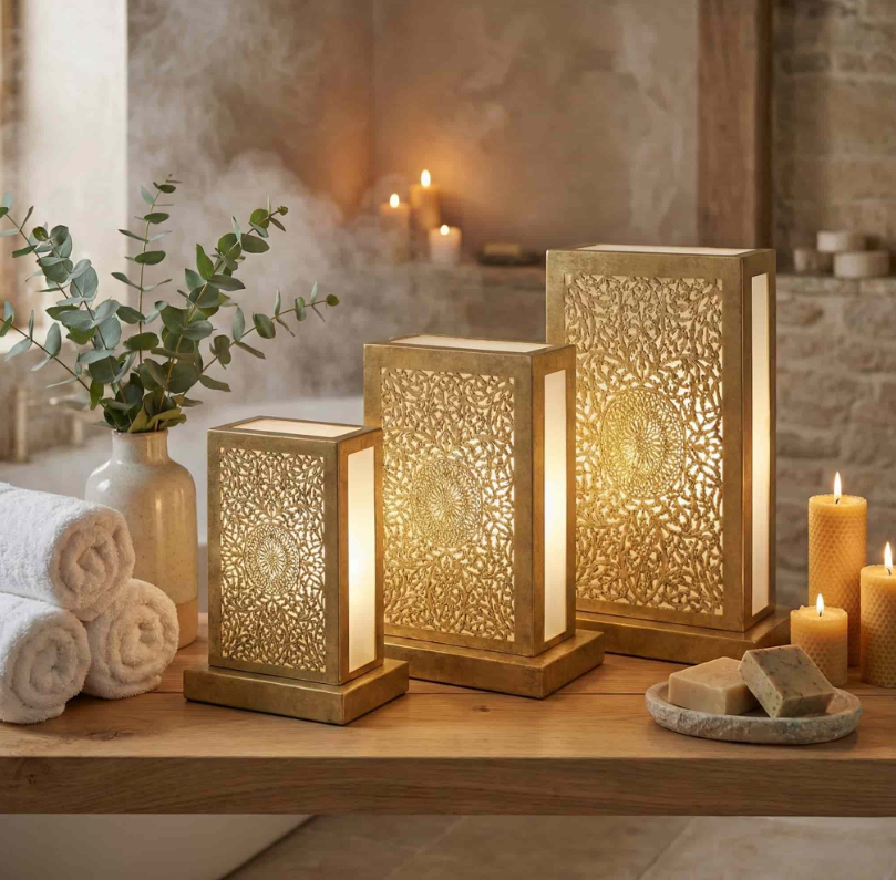 with pierced geometric design Handcrafted Moroccan brass lantern table lamp featuring a polished brass frame, intricate pierced geometric panel, and elegant rectangular shape.