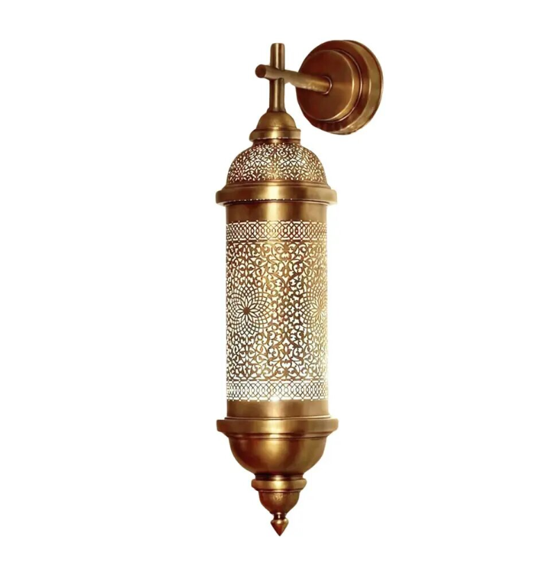 Moroccan brass wall sconce with hand-pierced Serrouj fretwork