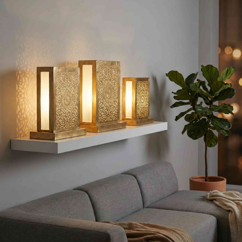 Hand-pierced Moroccan brass table lamp