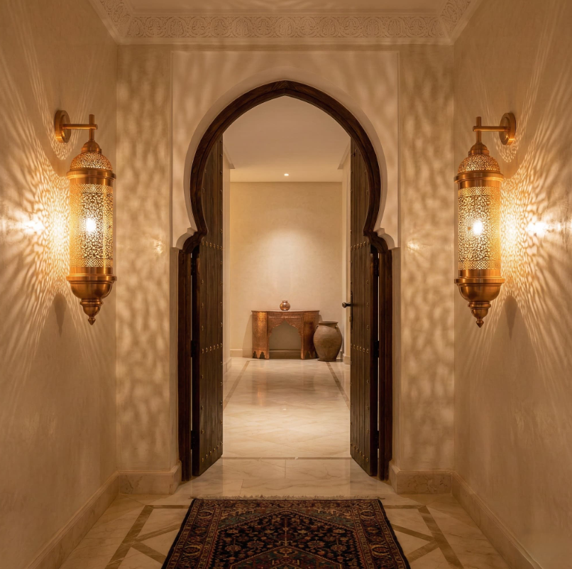 Moroccan brass wall sconce with hand-pierced Serrouj fretwork
