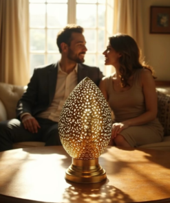 Hand-pierced Moroccan brass egg table lamp glowing on a white windowsill