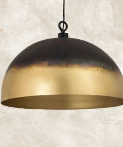 Burnished brass dome pendant light with dark oxidised top fading into polished gold