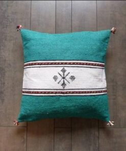 Handwoven Moroccan kilim pillow cover in green with a white central band and Berber motif