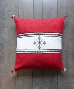 Handwoven Moroccan kilim pillow cover in red with a white central band and Berber motif