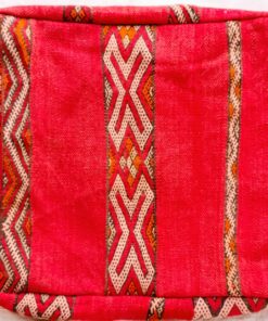 One-of-a-kind vintage Moroccan kilim floor pouf in bright red with ivory and orange zigzag bands