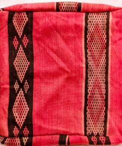 One-of-a-kind vintage Moroccan kilim floor pouf in raspberry red with black bands of pink diamond patterns