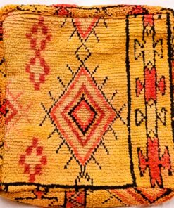 One-of-a-kind vintage Moroccan rug floor pouf in saffron yellow with a red and black central diamond