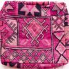 One-of-a-kind vintage Moroccan rug floor pouf in fuchsia and magenta with black and grey Berber diamonds