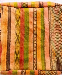 One-of-a-kind vintage Moroccan kilim floor pouf in peach, saffron, olive green, rose and chocolate stripes