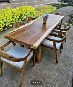 Outdoor live-edge walnut dining table with chairs
