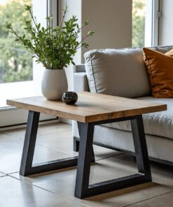 Walnut coffee table with trapezoid steel base