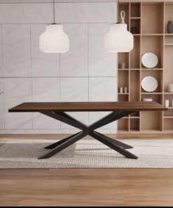 Walnut dining table with black steel spider base