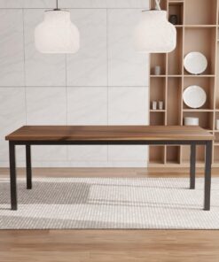 Walnut table with steel legs and shelving behind