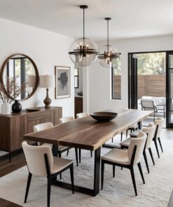 Walnut dining table in a bright dining room