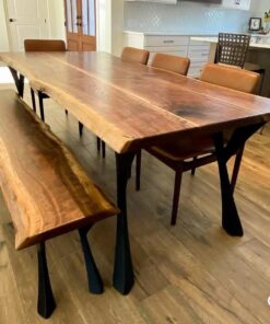 Long live-edge walnut dining table with chairs