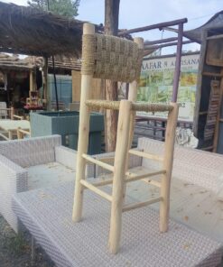 Moroccan eucalyptus bar stools with woven cord seat and back