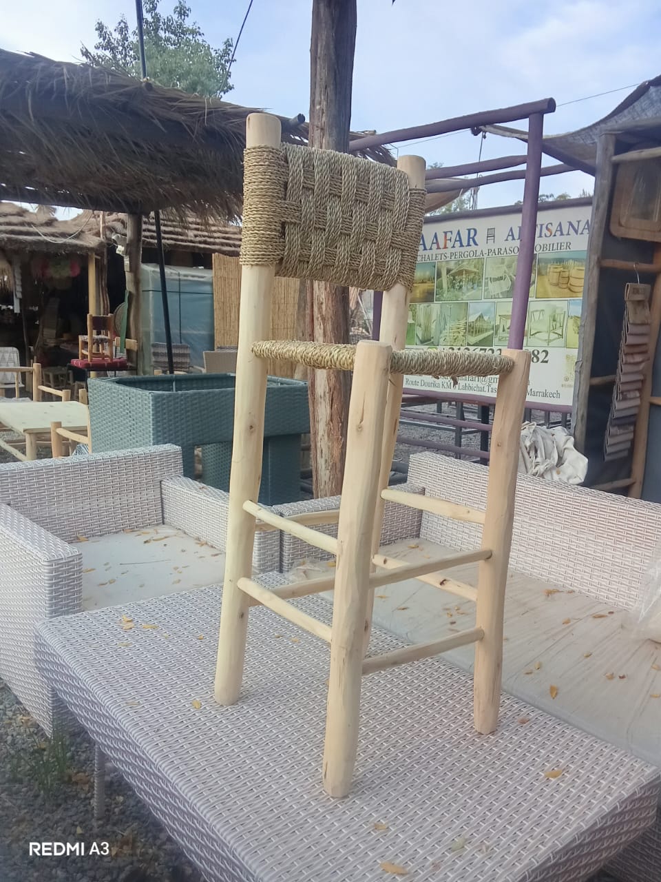 Moroccan eucalyptus bar stools with woven cord seat and back