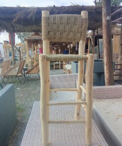 Natural eucalyptus bar stool with hand-woven cord back
