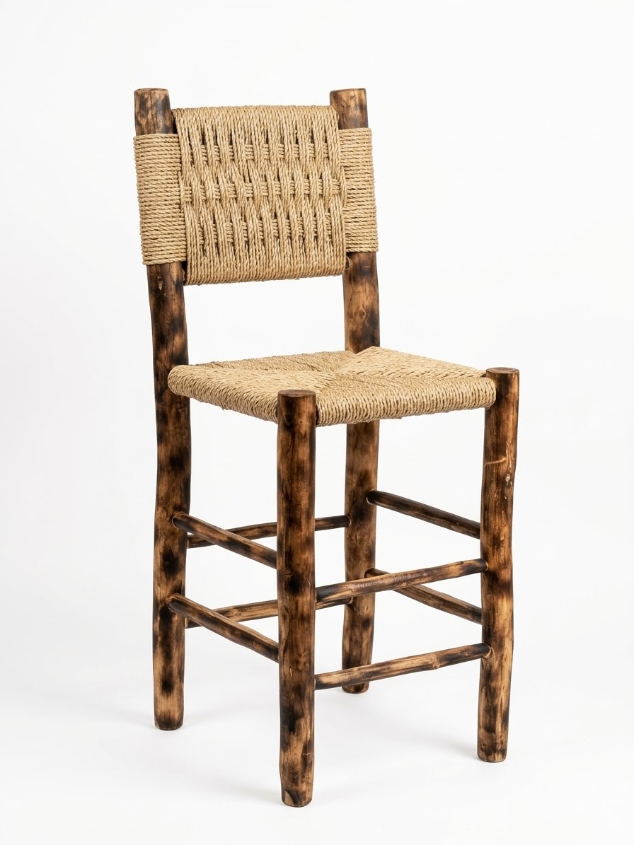 Dark eucalyptus bar stool with natural woven cord seat