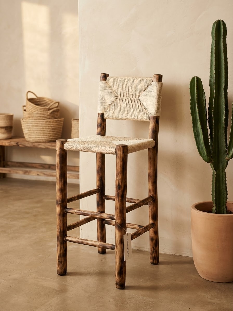 Eucalyptus bar stool with cream woven cord seat next to a cactus