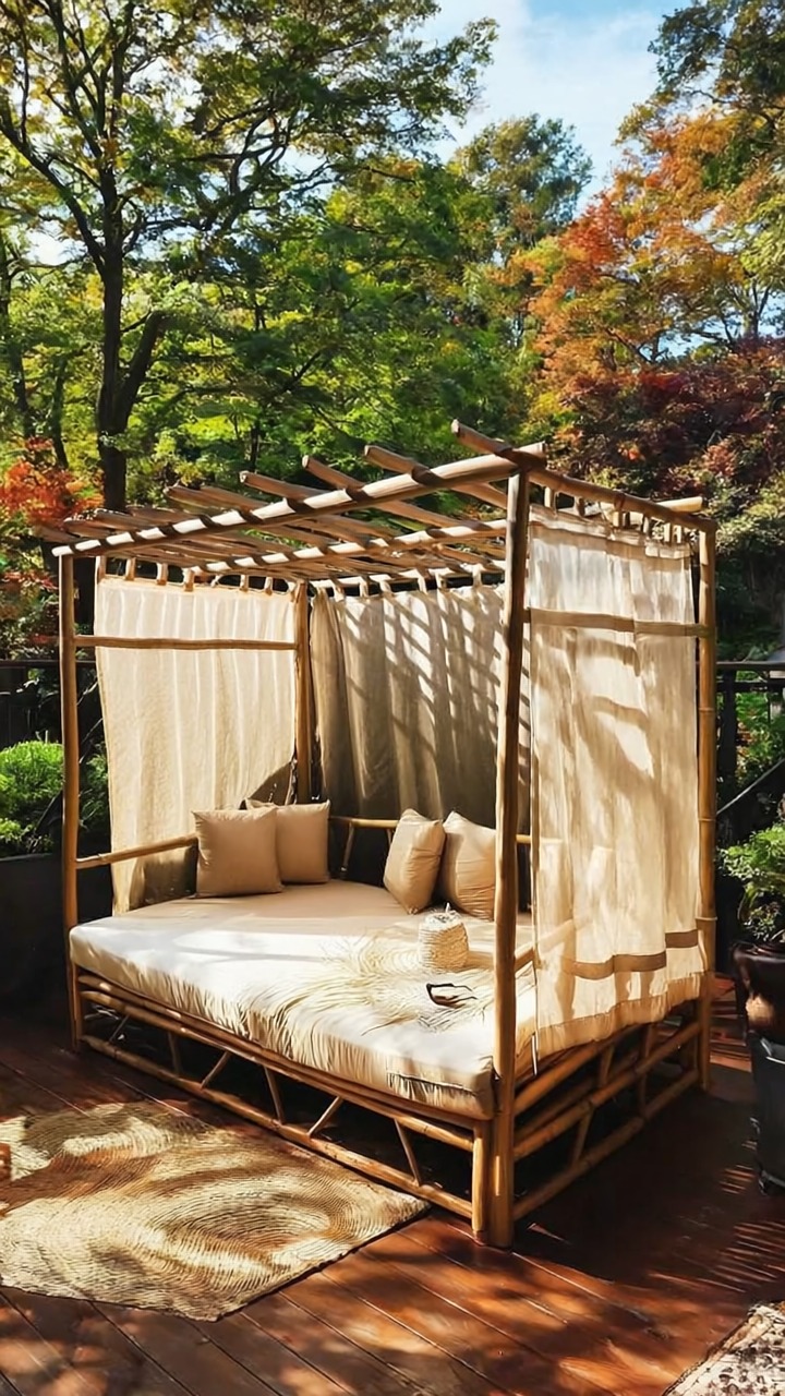 Eucalyptus canopy bed with cream cushions and curtains on a wooden deck