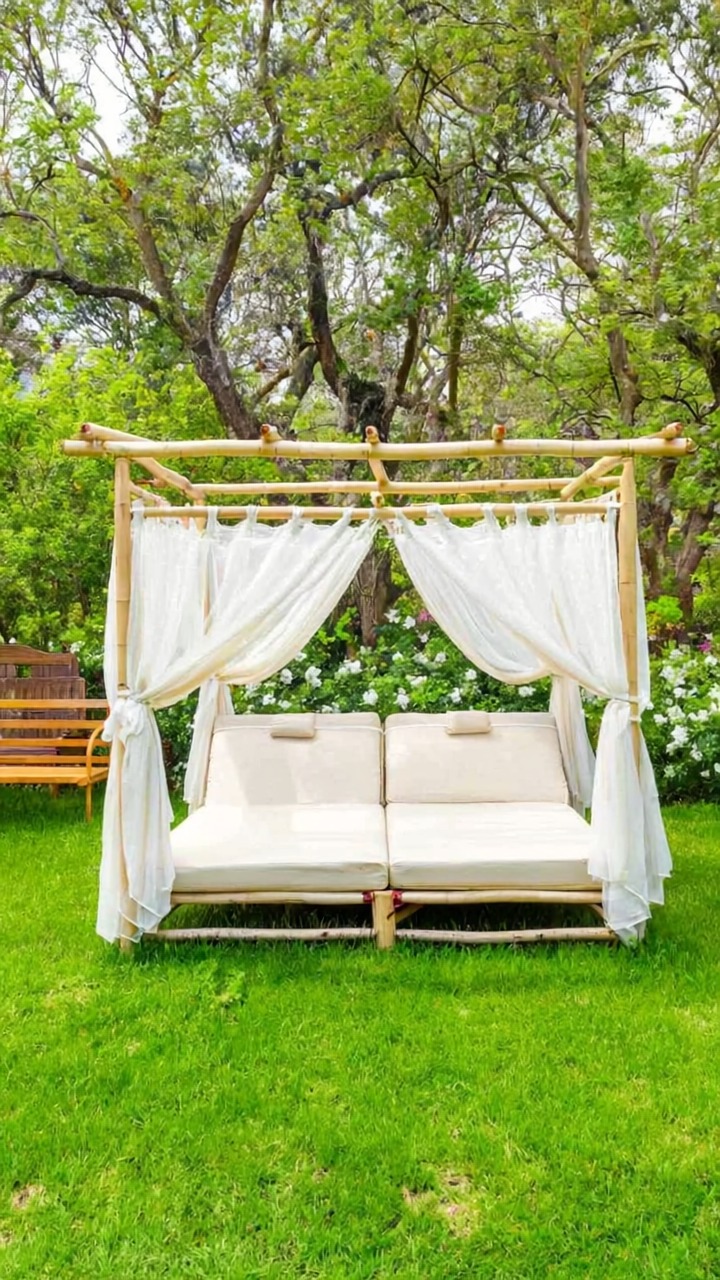 Eucalyptus canopy daybed with white voile curtains on a lawn