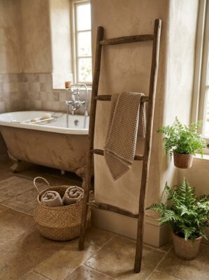 Handmade Wooden Ladder Shelf, Rustic Towel Display