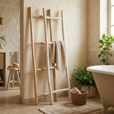 Wooden Bathroom Towel Ladder, Rustic Spa Decor