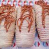 Moroccan straw basket bags with gold, silver and rainbow sequin stripes