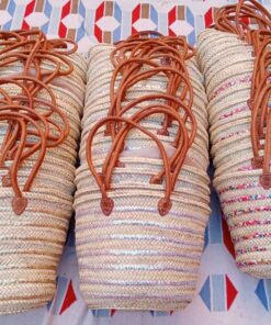 Moroccan straw basket bags with gold, silver and rainbow sequin stripes